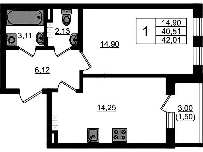 1-комнатная квартира 42.01 м², 4/4 эт., ЖК «Новая история»